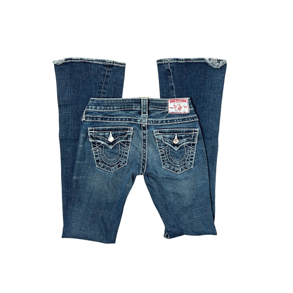 True Religion Disco Joey Big T Flare Jeans Low Waist Crystal Button Size 23